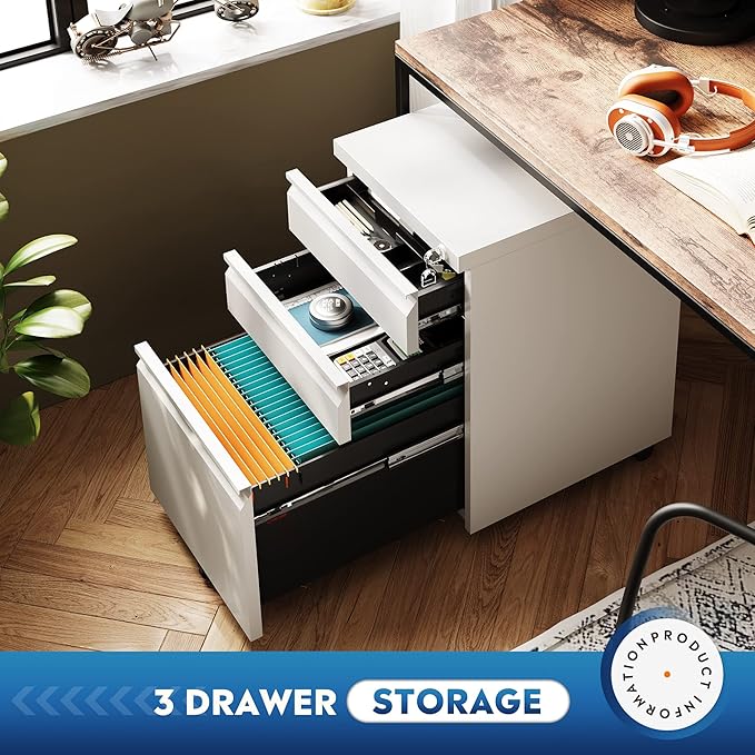 DEVAISE 3 Drawer Mobile File Cabinet with Lock, Under Desk Metal Filing Cabinet for Home Office/Legal/Letter/A4 File, Fully Assembled Except Wheels, White