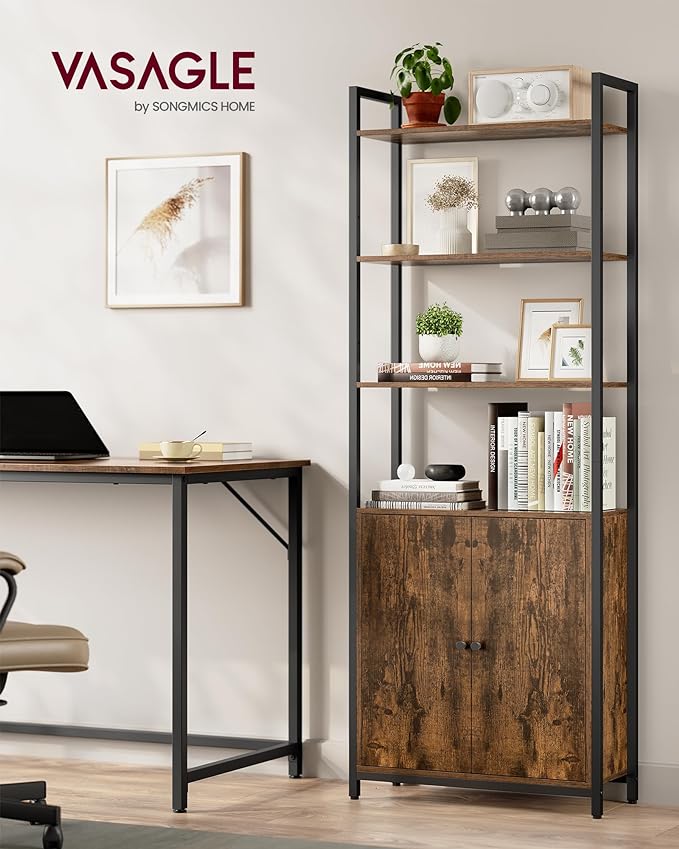 VASAGLE 6-Tier Bookshelf, Tall Bookcase with Cabinet, Steel Frame, Adjustable Shelves, 9.4 x 23.6 x 62.8 Inches, Living Room Bedroom, Rustic Brown and Ink Black ULLS133K01