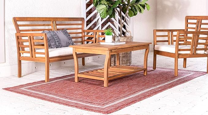 Unique Loom Outdoor Border Collection Area Rug - Soft Border (5' 3" x 8' Rectangle, Rust Red/ Ivory)