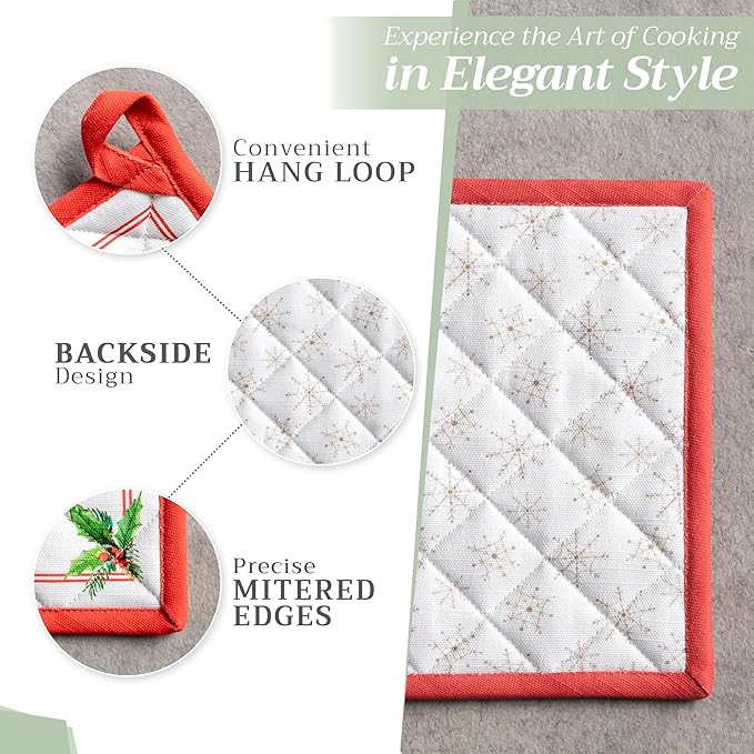 Maison d' Hermine 100% Cotton Oven Mitt & Pot Holder Set (7.5"x13" & 8"x8") Heat Resistant BBQ Cooking Gloves with Loop for Thanksgiving Christmas Decorations Handling Hot Pans (Chromo)