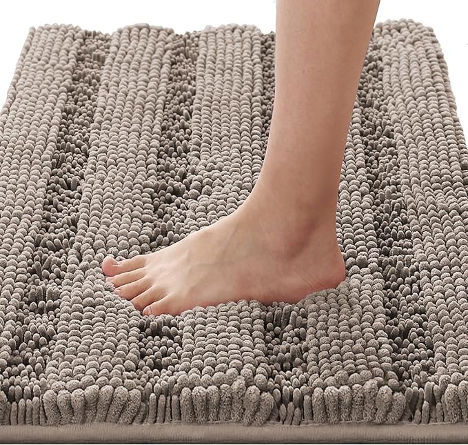 H.VERSAILTEX Bath Rugs for Bathroom Non Slip Bath Mats Extra Thick Chenille Striped Rug 20" x 32" Absorbent Non Skid Fluffy Soft Shaggy Washable Dry Fast Plush Mat for Indoor, Bath Room, Tub - Taupe
