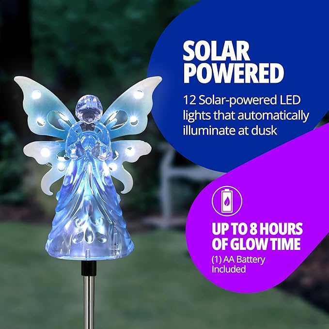 Exhart Garden Solar Lights, Decorative Angel Garden Stake, 12 LEDs, Cute Yard and Pathway Decor, Blue, 4 x 34 Inch