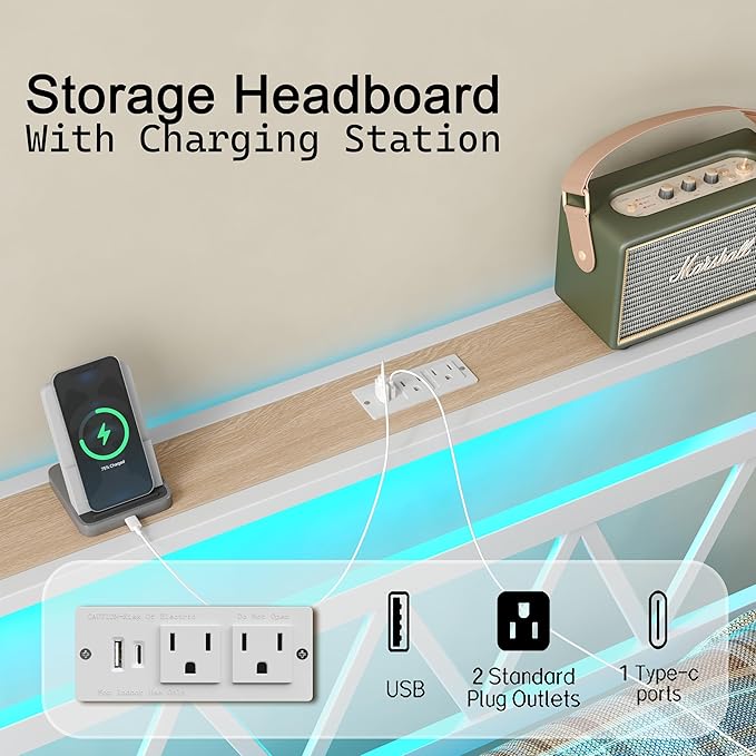 Full Bed Frame with Smart LED Lights, Storage Headboard and USB Charging Station,Heavy Duty Wooden Slats, No Box Spring Needed, Noise Free, Easy Assembly (Classic White, Twin)