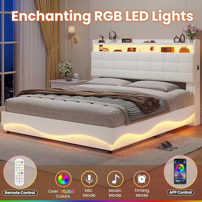 ADORNEVE Lift Up Storage Full Bed Frame with LED Lights, Hidden Storage Headboard and Charging Station, Upholstered Platform Bed, LED Bed with Hydraulic, No Box Spring Needed, Creamy White