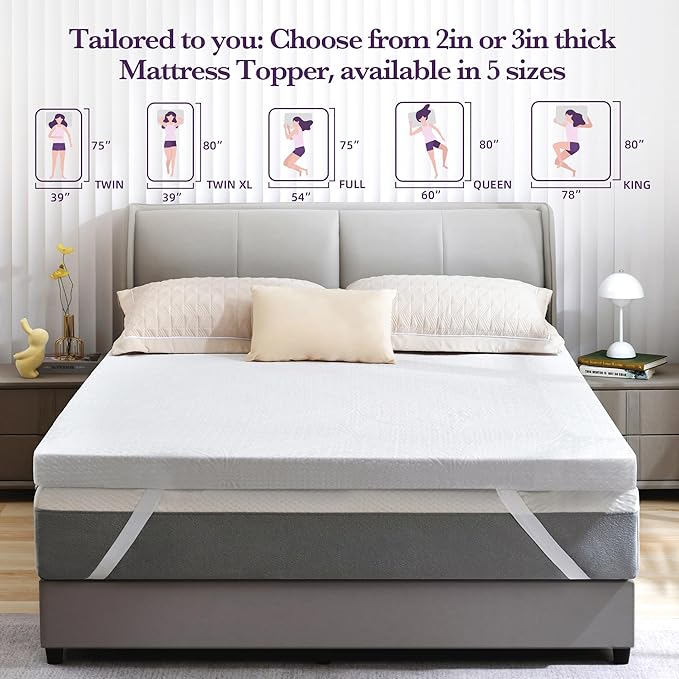 SINWEEK 2 Inch Gel Memory Foam Mattress Topper with Cooling Cover Ventilated Soft Mattress Pad, Bed Topper, CertiPUR-US Certified, Full Size