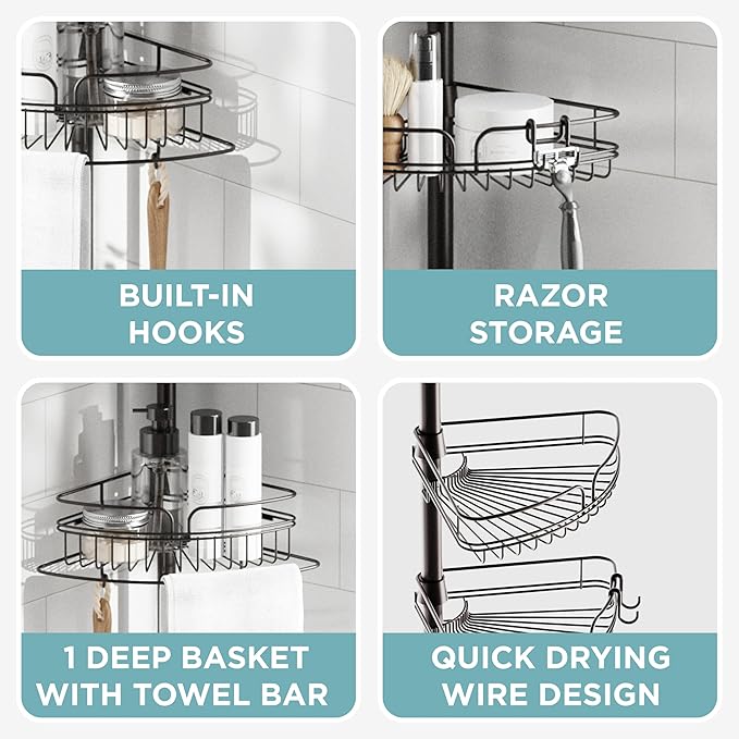 Zenna Home Tension Pole Shower Caddy Corner Organizer, Adjustable Standing Shower Caddy with 4 Baskets and Built in Towel Bar, Rust Resistant Bathroom Tension Rod Organizer, 60 to 97 Inch, Bronze