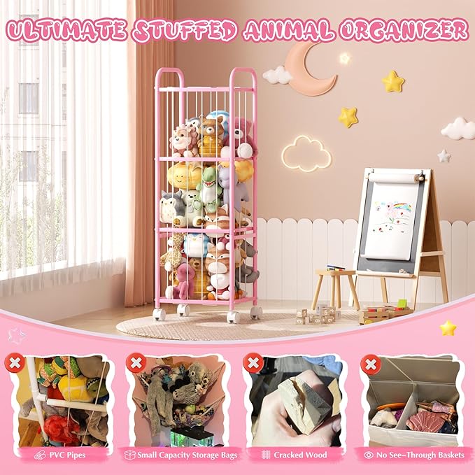 Stuffed Animal Storage Zoo Cage-Stuffed Animal Holder with Heavy Duty Metal Frame & Wheels,Space Save Large Toy Organizer for Kids Holds 50+ Plush Toys for Playroom Bedroom Nursery