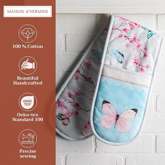 Maison d' Hermine Double Oven Mitts 100% Cotton 7"x35" Double Oven Mitt Heat Resistant BBQ Cooking Gloves with Loop, Baking, Grilling, Kitchen, Handling Hot Pans Spring Summer (Blossoms in Spring)