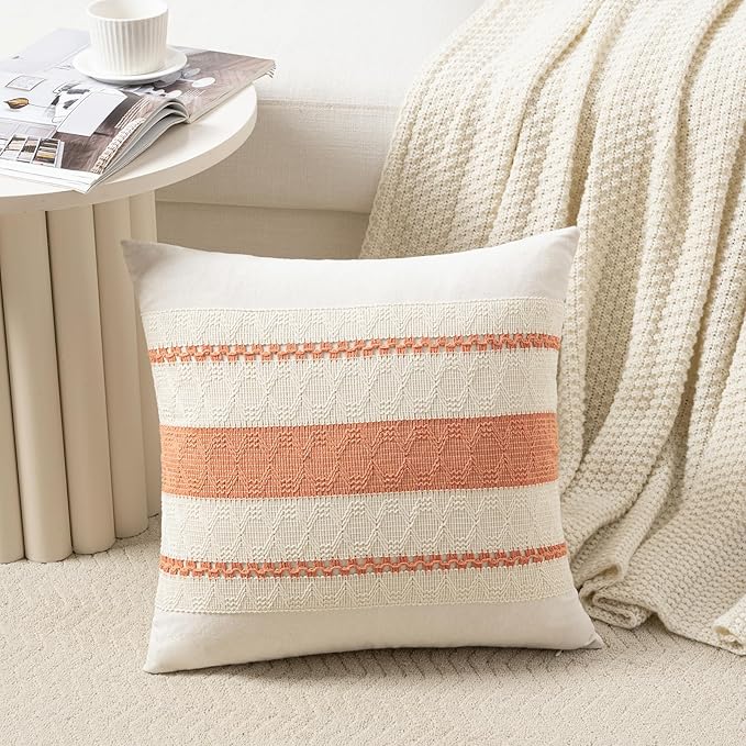 Fancy Homi Set of 2 Boho Coral Euro Decorative Throw Pillow Cover 26x26 Inch for Couch Bed Bedroom, Aesthetic Modern Organic Farmhouse Room Decor, Soft Cotton Accent Macrame Woven Cushion Case