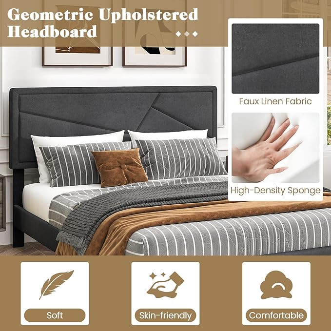 Giantex Queen Platform Bed Frame, Modern Upholstered Bed Frame with Geometric Tufting Headboard, Wooden Slats Support, No Box Spring Needed, Gray