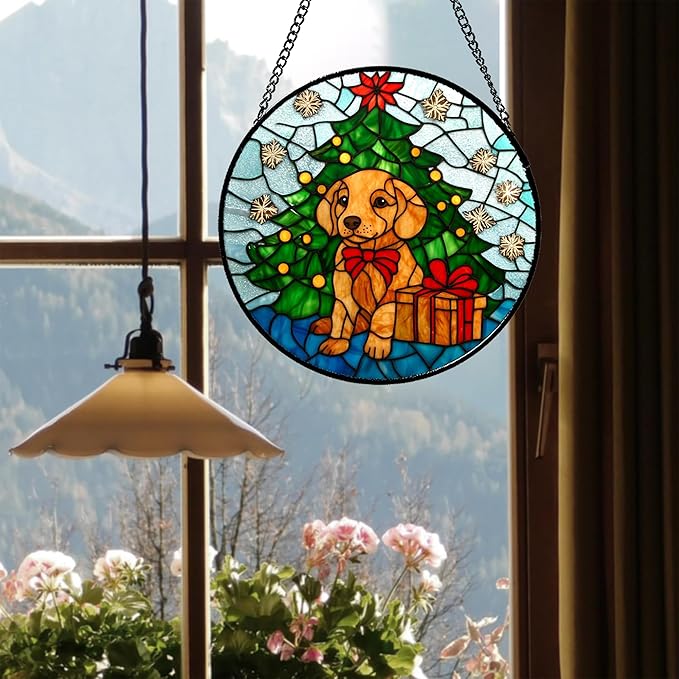 Stained Glass Window Hanging Green Christmas Tree Snowflake Dog Large 15" - Suncatcher Door Garden Sun Catcher Xmas Holiday Decor Birthday for Mom Men Woman Friend Nana