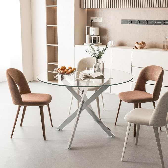 Round Glass Dining Table,Glass Dining Room Table with Tempered Glass Tabletop and Metal Legs, Modern Style Round Kitchen Table for Home, Kitchen, Dining Room
