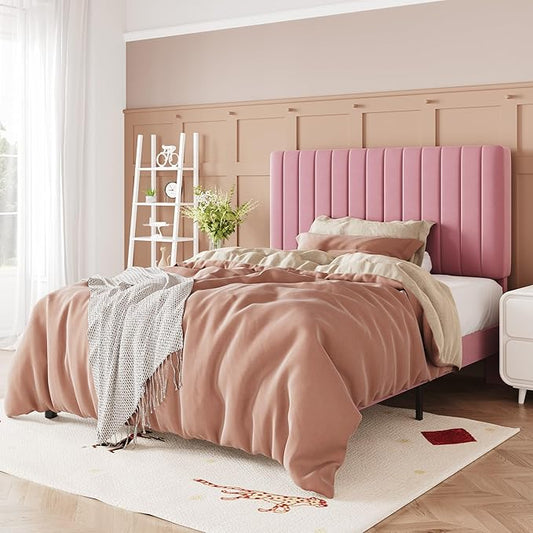 Allewie Twin Bed Frame, Velvet Upholstered Platform Bed with Adjustable Vertical Channel Tufted Headboard, Mattress Foundation with Strong Wooden Slats, Box Spring Optional, Easy Assembly, Pink