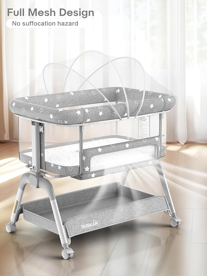 Bassinet Bedside Sleeper, Baby Crib with Mattress and Adjustable Height & Upgraded Wheels, All Mesh Portable Bassinet for Co-Sleeping, Baby Bed for Newborn