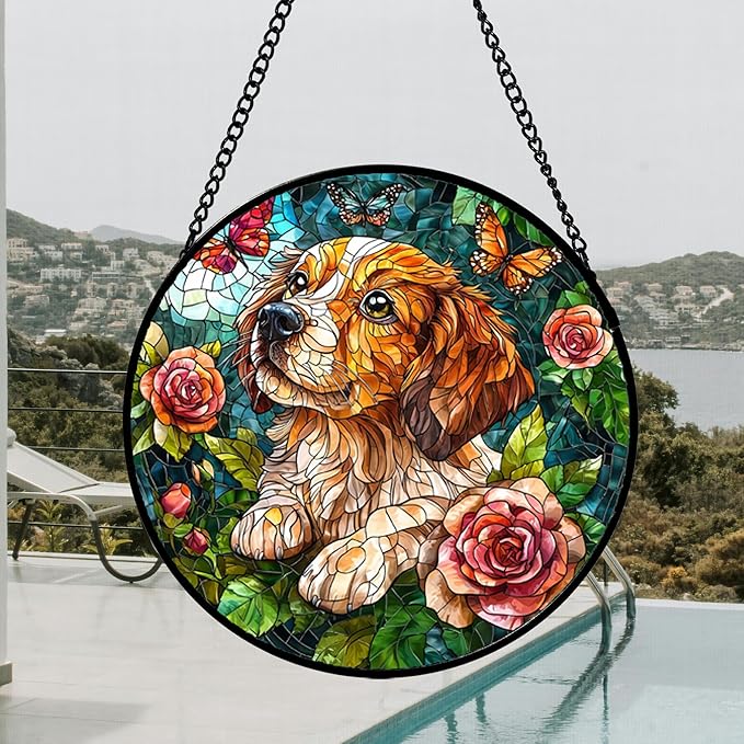 Stained Glass Window Hanging, Dog and Rose Suncatcher for Doors Home Butterfly Sun Catchers Decoration and Christmas, Mother's Day Birthday Gifts for Women, Men, and Mom 14.9x14.9 in