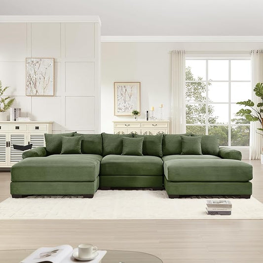 KEIKI 130" U-Shaped Oversized Corduroy Modular Cloud Sectional Sofa with 2 Ottoman, High-Density Foam Cushion, Extra-Thick Armrest, 3-Seater Fluffy Corner Couch with 9 Pillow, for Living Room, Green