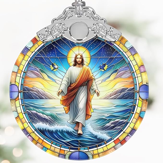 Jesus Christmas Ornaments, 3" Stained Glass Christmas Decor, Christmas Tree Ornaments, Christmas Tree Decorations, Gift for Religious Believers, Perfect for Holiday Party, Window, Tree, Home Decor
