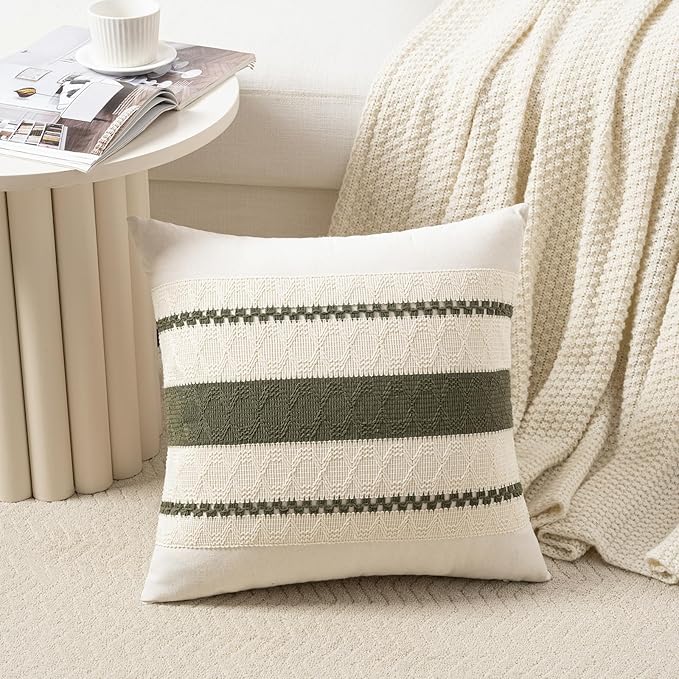 Fancy Homi Set of 2 Boho Olive Green Big Decorative Throw Pillow Cover 24x24 Inch for Couch Bed Bedroom, Aesthetic Modern Organic Farmhouse Room Decor, Soft Cotton Accent Macrame Woven Cushion Case