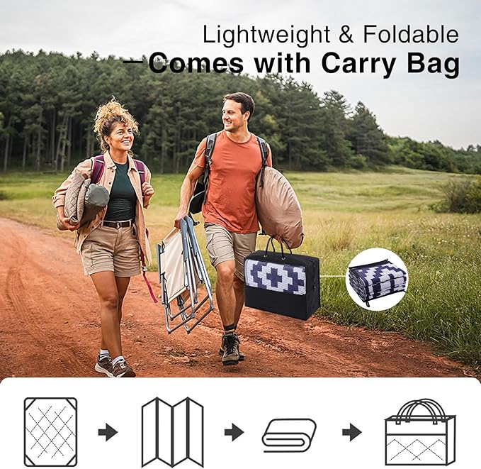 OLANLY Waterproof Outdoor Rug 5x8 ft, Outdoor Plastic Straw Rug for Camping, RV Mat Outside, Indoor Outdoor Carpet for Porch, Deck, Backyard, Balcony, Picnic, Navy & White