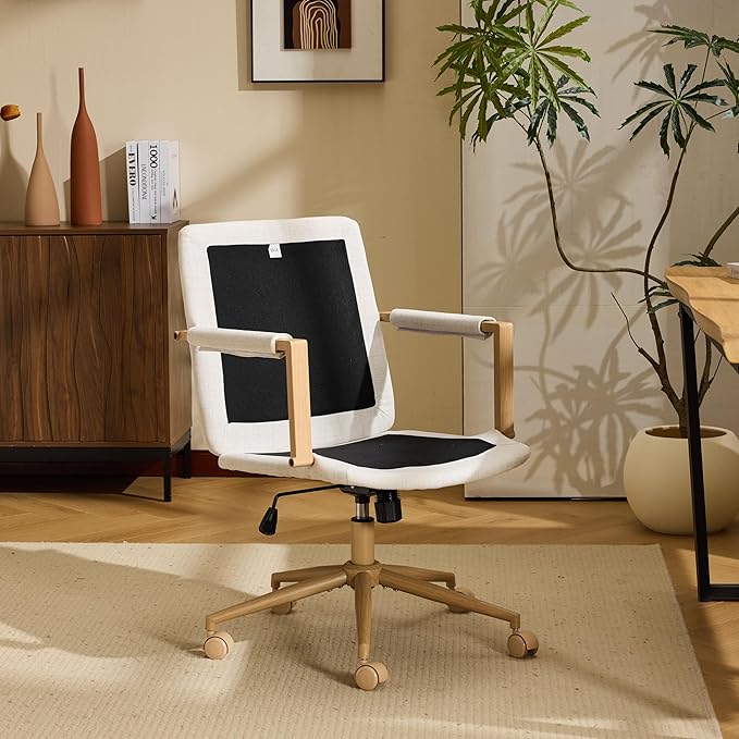 VINGLI Comfy Linen Office Desk Chair with Wheels & Detachable Cushions & Wood-Like Armrests,Swivel Small Computer Task Chair,Adjustable for Girl Makeup Vanity,Teen/Kids Study,Nail Tech,Sewing,White