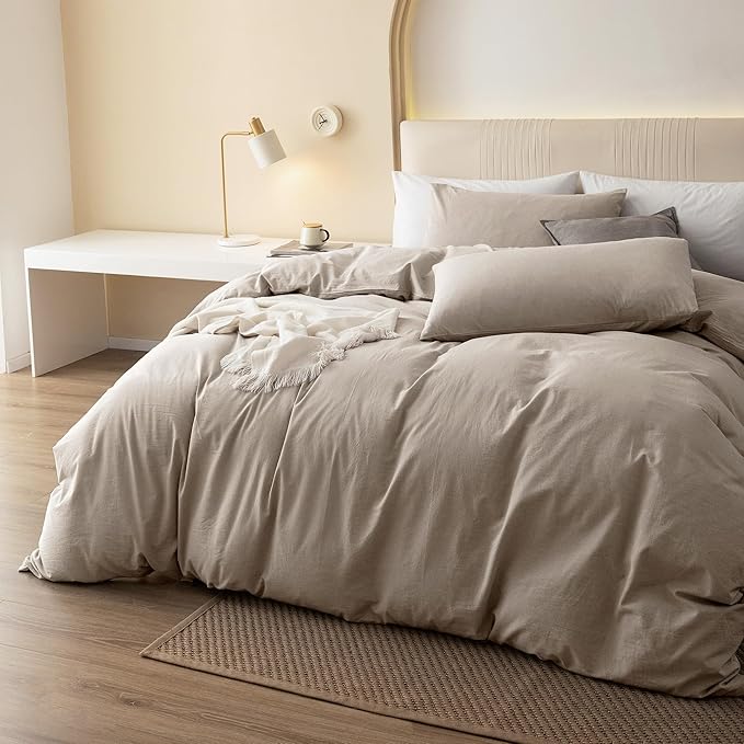 JIYUAN 100% Washed Cotton Duvet Cover Set Oversized King, 1 Duvet Cover 120"x98" (Comforter Not Included) and 2 Pillowcases,Linen Feel Bedding Set Comfy and Breathable, Heathered Tannish Linen Grey