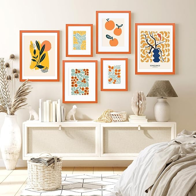 KINLINK 5x7 Picture Frame Orange, Solid Wood Frames with Acrylic Plexiglass for 3.5x5/4x6 with Mat or 5x7 without Mat, Tabletop and Wall Display Photo Frame, Set of 4