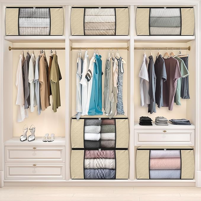 Fab totes 10 Pack Clothes Storage, Foldable Thick Fabric Blanket Storage Bags, Containers for Organizing Bedroom, Closet, Clothing, Comforter,Organization with Handle,Beige