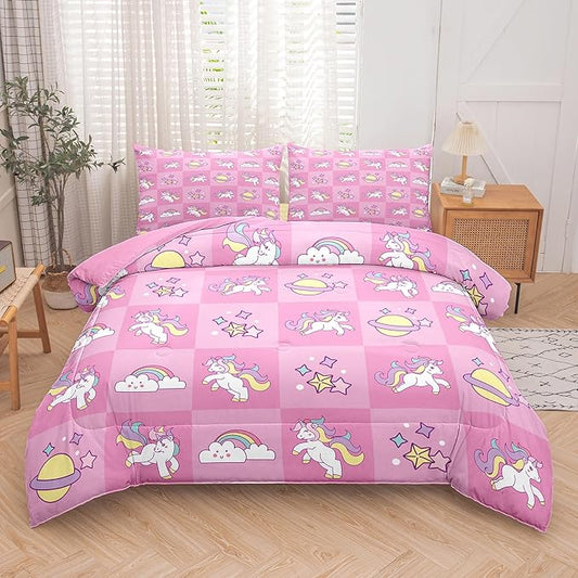 Tailor Shop Pink Queen Bedding Sets for Girls Kids Chessboard Grid Unicorn Comforter Girls Comforter Set Unicorn Room Decor Ultra Soft Bed Set with 2 Pillowcase…