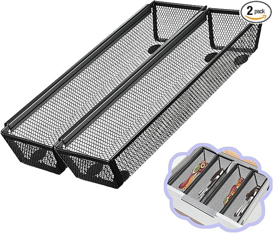 2PCS Drawer Organizer, Mesh Drawer Organizer with Interlocking Arm for Utensil, Cosmetic, Flatware, Pen (12 * 3 * 2 Inches, Black)
