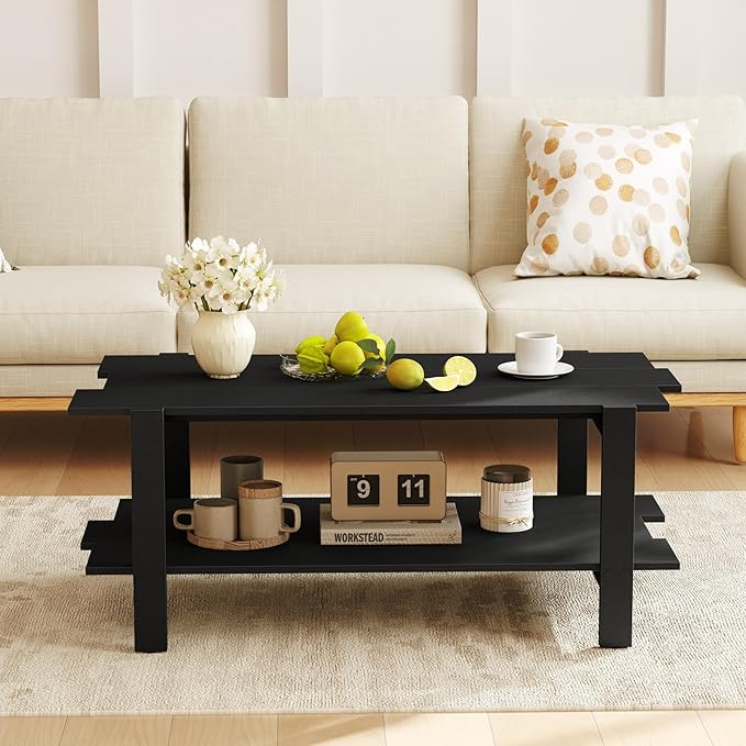 Giantex Coffee Table with Storage, 45 Inch Modern Center Table with Slatted Design & Side Rail Support, Rectangular Living Room Table for Small Spaces, Black