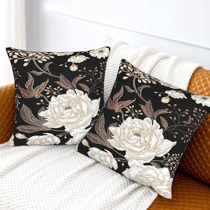 Vintage Peony Roses Floral Plant Throw Pillow Covers Set of 2 Chinoiserie White Flower Leaves Pillowcases Cushion Case Square for Soft Home Decor Bed Couch Car Living Room 18x18 Inch