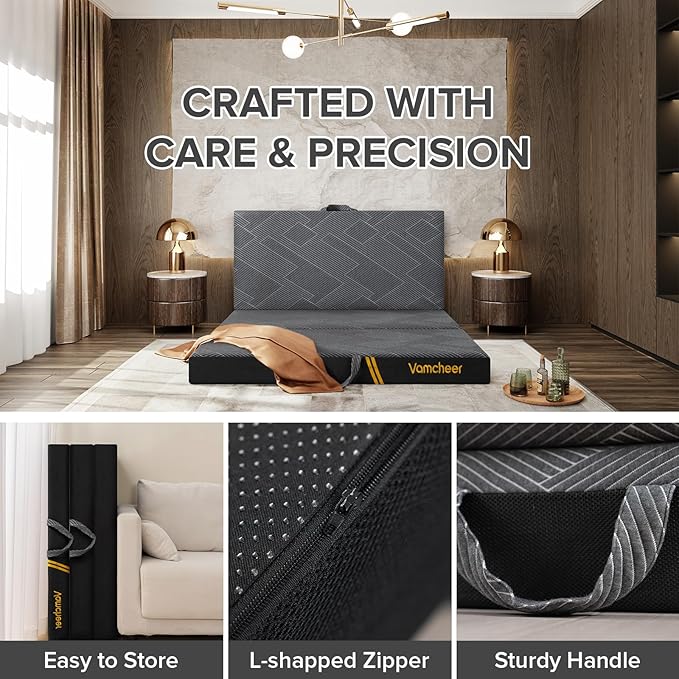 Vamcheer Tri Folding Mattress, 5 inch Twin Foldable Mattress, Tri-fold Memory Foam Mat with a Collapsible and Washable Cover, Handle & Non-Slip Bottom for Travel/Guest, 75"x38"x5", Grey