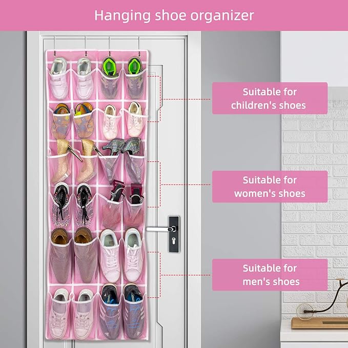 Hanging Shoe Organizer 2Pack, Over The Door Shoe Rack with 24 Mesh Pockets - Pink (2pack), Size: 58x21 Inch