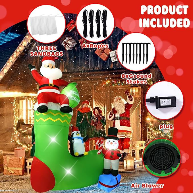9FT Santa Claus Sitting on a Sock, Built-in LED Lights, Suitable for Christmas Lawn, Garden, Courtyard Outdoor Inflatable Decoration