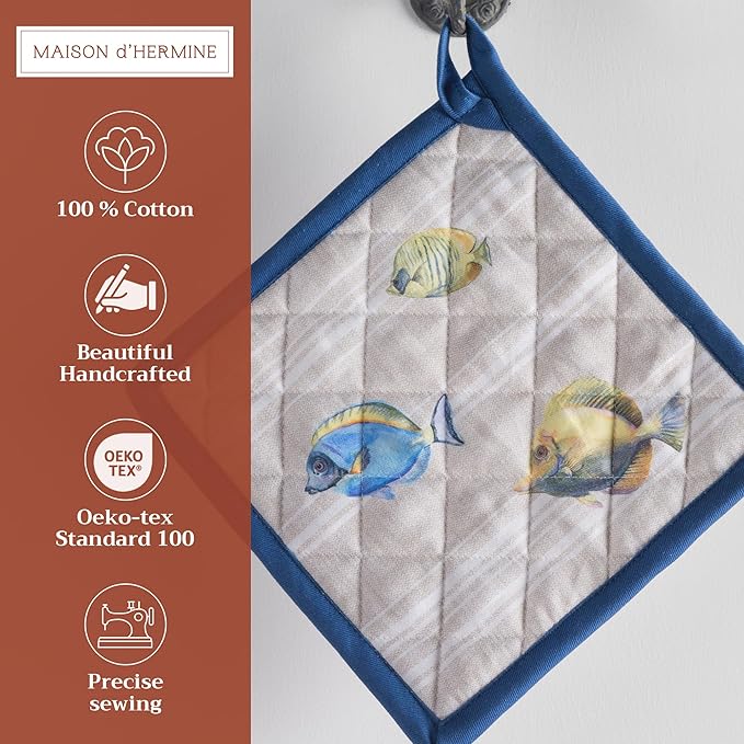 Maison d' Hermine Pot Holders 100% Cotton Heat Resistant Potholders 8" x 8" Hot Pads with Loop BBQ, Cooking, Baking, Grilling, Kitchen, Handling Hot Pans Spring/Summer (Pack of 1, Poisson)
