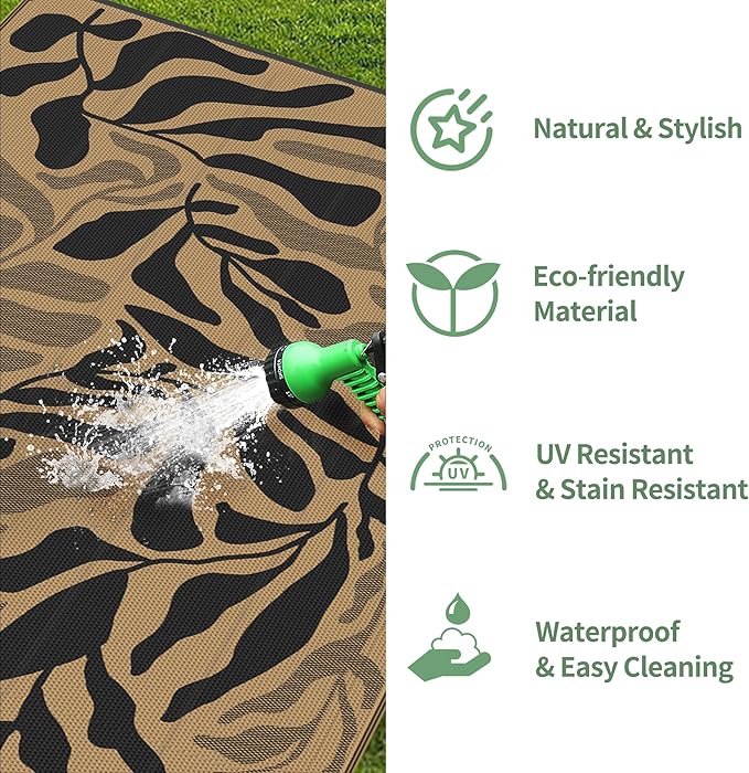 GENIMO Outdoor Rug 6' x 9' Waterproof for Patio Clearance, Reversible Plastic Straw Camping Carpet, Lightweight Mats for Rv, Backyard, Deck, Porch, Picnic, Beach, Balcony, Black & Brown