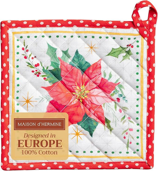 Maison d' Hermine Pot Holders 100% Cotton Heat Resistant Potholders 8" x 8" Hot Pads with Loop for Thanksgiving Christmas Decorations BBQ Cooking Handling Hot Pans (Pack of 1, Poinsettia Christmas)