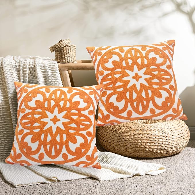 Alysheer Embroidered Decorative Throw Pillow Covers 18"x18" Set of 2 Pieces, Classic Boho Mandala Knit Pattern, 100% Cotton Canvas Cozy Vibrant Cushion Cases for Sofa Couch Living Room (Bright Orange)