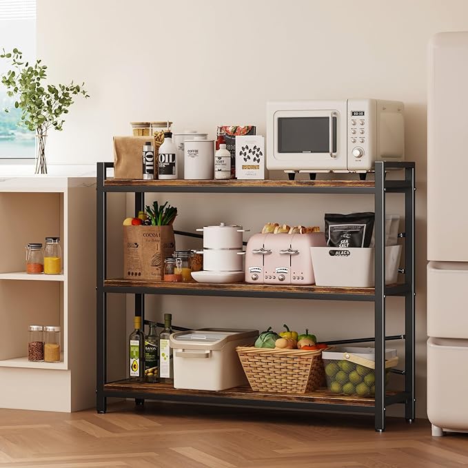 3 Tier Bookshelf 39.37" Width, Long Industrial Bookcase, Vintage Farmhouse Modern Wooden Big Book Shelf for Home Living Room Bedroom Office Storage(Rustic Brown)