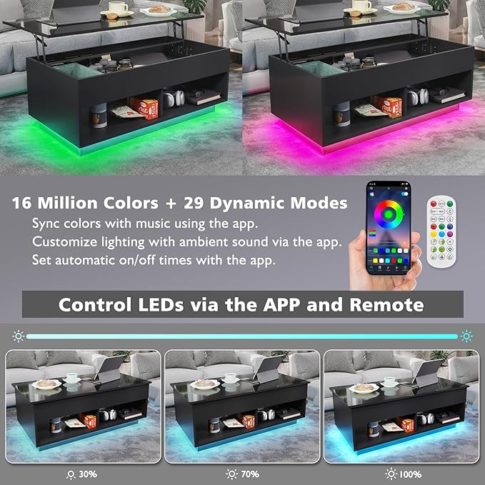 LED Coffee Table Black Lift Top Coffee Table with Storage Modern Tea Table with Hidden Compartment Lift Up Dining Center Table with LED Light for Living Room Home Office