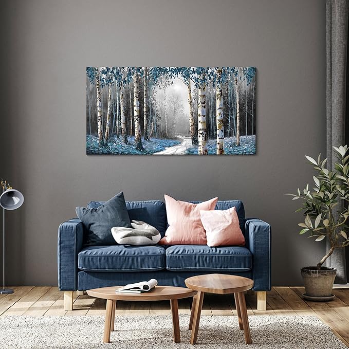 HKDGOKA Large Wall Art Living Room Modern Gray Blue Forest Nature Landscape Paintings Fall Pictures for Bedroom Kitchen Bathroom Office Home Artwork Wall Decor 48"x24"