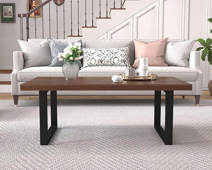 IBF Rustic Coffee Table, Simple Vintage Center Table, Minimalist Industrial Living Room Table, Farmhouse Wood and Metal Rectangle Tea Coffee Table for Home Bedroom Office, Walnut, 47 Inch