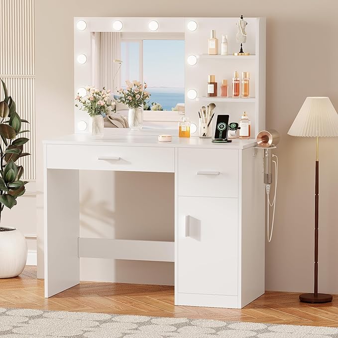 YESHOMY Vanity Desk with Mirror, 10 Lights, Power Outlet and 3 Storage Shelves, Makeup Table with 2 Drawers & 1 Cabinet, 3 Color Modes, for Bedroom, White