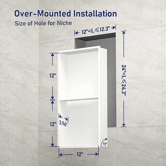 Stainless Steel Shower Niche 24" X 12" Matte White No Tile Needed Vertical Niche Shower with Two- Tier Shelves Recessed Wall Niches for Bathroom Storage Over Mount Installation