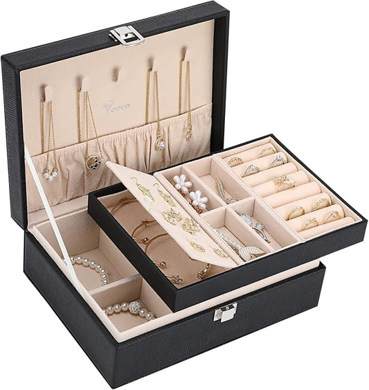 Voova Jewelry Box Organizer for Women Girls, 2 Layer Large Men Jewelry Storage Case, PU Leather Display Jewellery Holder with Removable Tray for Necklace Earrings Rings Bracelets, Vintage Gift, Black