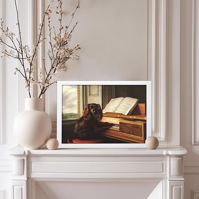 Poster Master Vintage Portrait of an Extraordinary Musical Dog Poster - Retro Dog Print - Puppy Art - Music Art - Piano Art - Animal Lover Art - Living Room or Office Decor, 11x14 White Framed