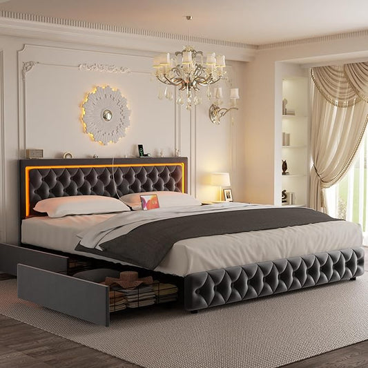 Full Bed Frame with 4 Storage Drawers, Velvet Upholstered Bed Frame Full Size with Charging Station and LED Lights, 46" Adjustable Button Tufted Headboard, No Box Spring Needed, Grey