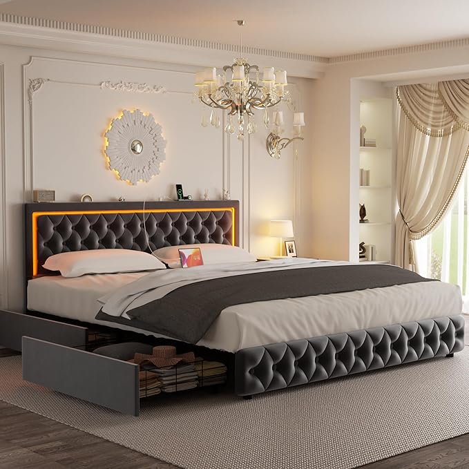 Queen Bed Frame with 4 Storage Drawers, Velvet Upholstered Bed Frame Queen Size with Charging Station and LED Lights, 46" Adjustable Button Tufted Headboard, No Box Spring Needed, Grey