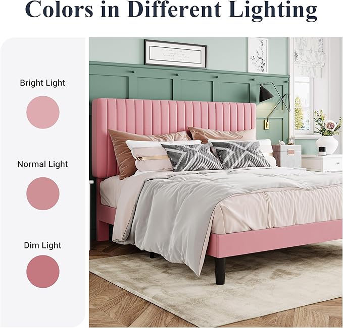 Allewie Queen Bed Frame, Velvet Upholstered Platform Bed with Adjustable Vertical Channel Tufted Headboard, Mattress Foundation with Strong Wooden Slats, Box Spring Optional, Easy Assembly, Pink
