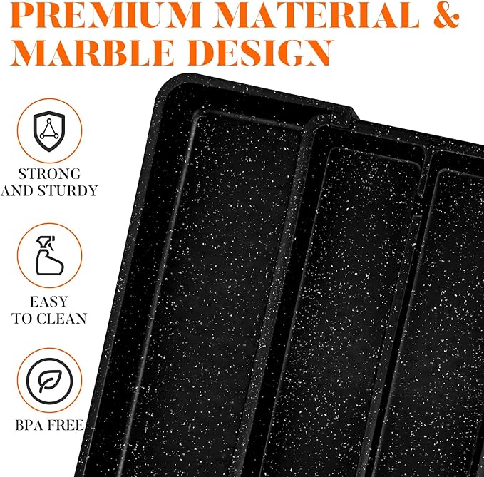 Utensil Drawer Organizer for Kitchen Cutlery, Expandable Large Silverware Organizer, Adjustable Cooking Utensil Tray, Plastic Spatula Tools and Gadgets Storage Divider, Marble Design, Black